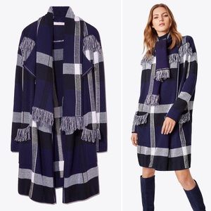 Tory Burch Gwen Fringe Wool Plaid Open Sweater Trench Coat Small Blue White